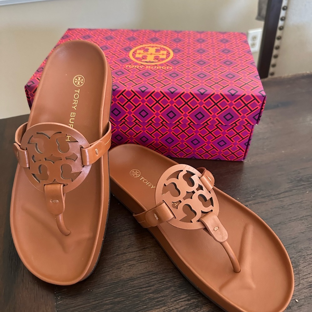 Tory Burch Brown Leather Miller Cloud Sandals